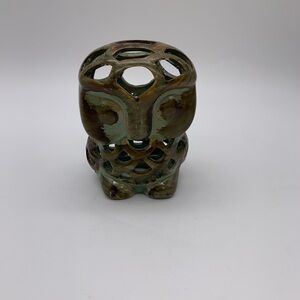 Small Ceramic Shabby Sage Green Brown Owl Sculpture Potpourri Holder Figurine 4”